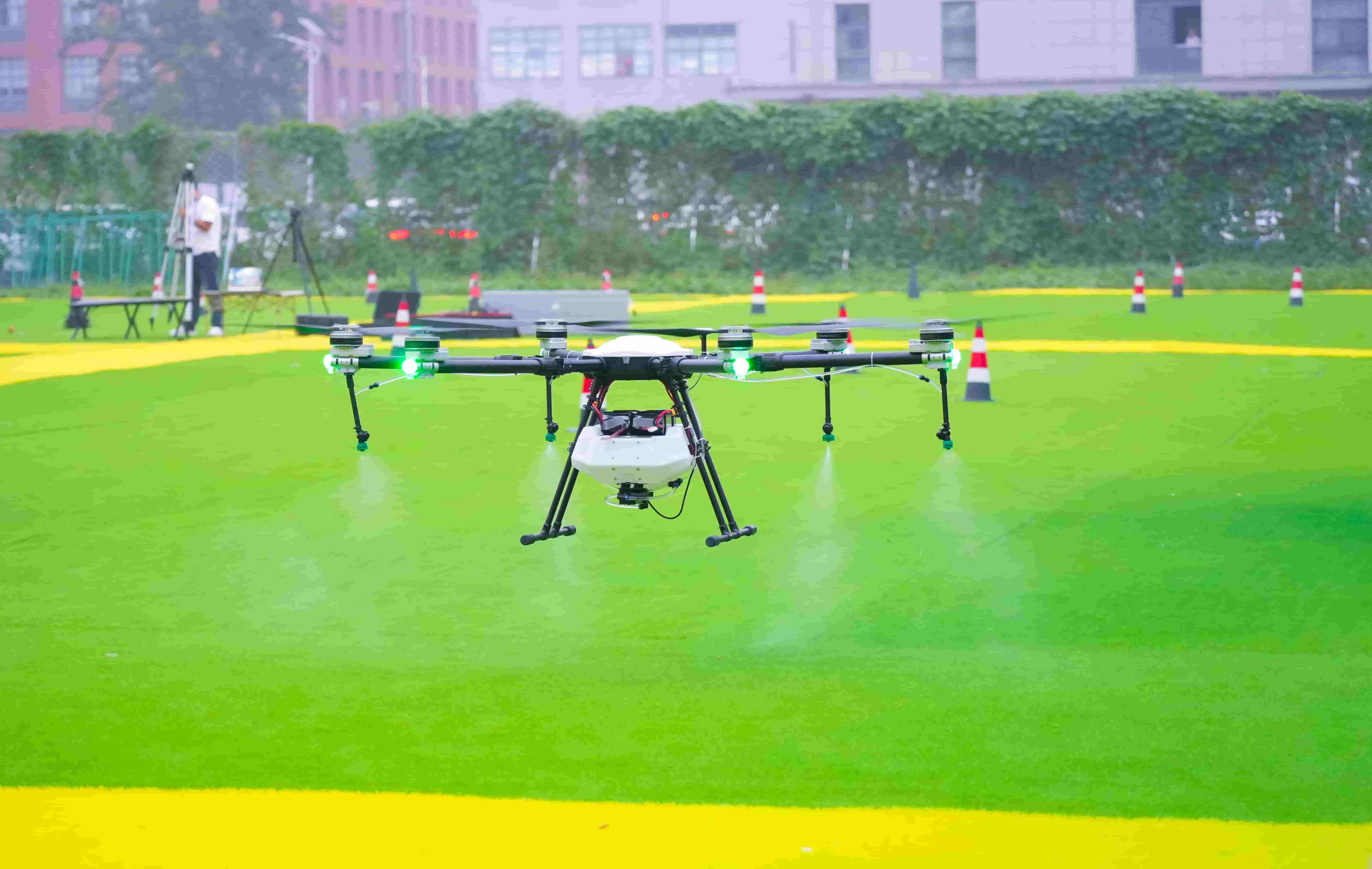 The 16L agricultural drone can spray pesticides, fungicides, herbicides, and also spread fertilizers.